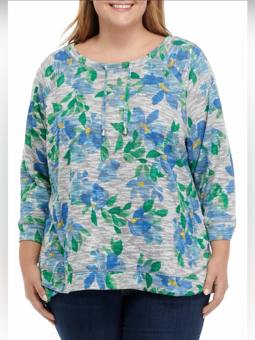 Rubi Rd Women’s Plus Sz Must Haves 3/4 Sleeve Gray and Floral Marled Slub Top 2X
